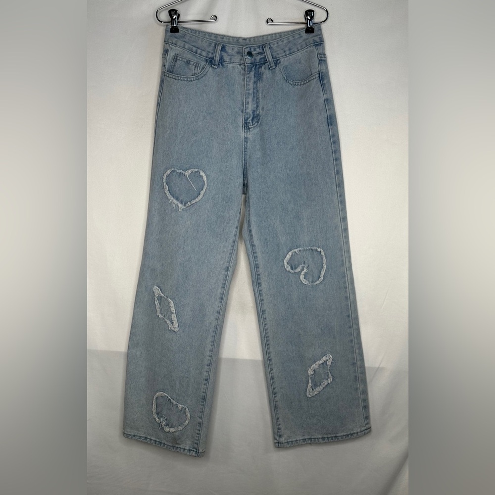 Heart Patch Jeans Light Blue Wide Leg Distressed Bohemian Sz M (28)